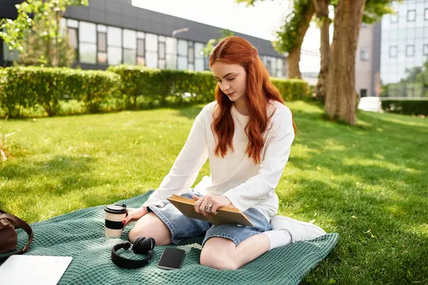 A young beautiful woman relaxes on a green blanket in a sunlit park, writing in a notebook. — Stock Photo