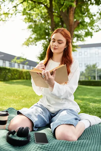 A young, beautiful woman sits on a blanket in a park writing in her notebook while enjoying the sun. — Stock Photo