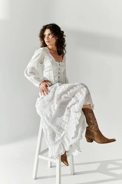 A beautiful young woman sits gracefully on a stool, radiating fashion and confidence. — Stock Photo