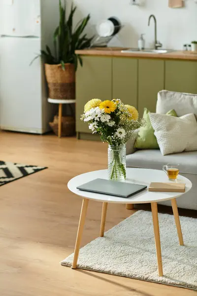 Comfortable well lit apartment with yellow flowers on table in modern spacious room. — Stock Photo