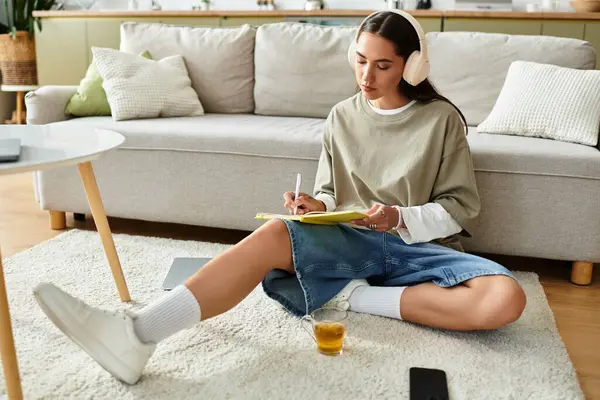 A young woman relaxes on the floor, writing thoughtfully in a bright, homely atmosphere. — Stock Photo