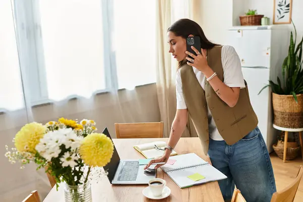 A beautiful young woman balances work and relaxation at home, engaged in tasks and calls. — Stock Photo