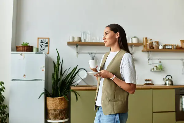 A beautiful young woman relaxes at home, savoring tea while standing in a bright kitchen. — Stock Photo