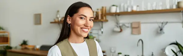 Woman radiates joy and comfort while spending quality time at home in a welcoming space. — Stock Photo