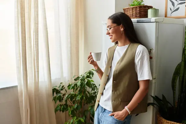 Schöne junge Frau lehnt an einem Kühlschrank, nippt an Kaffee und genießt einen ruhigen Moment drinnen. — Stockfoto