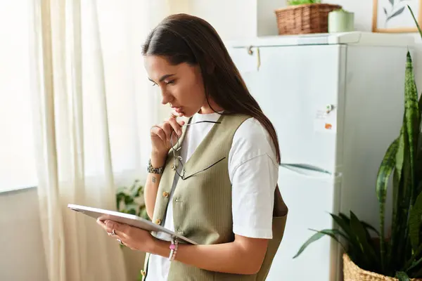 A beautiful young woman enjoys a cozy, creative moment at home. — Stock Photo
