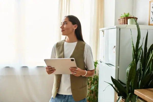 In a comfortable setup, a young woman holds her tablet and enjoys a relaxed atmosphere at home. — Stock Photo