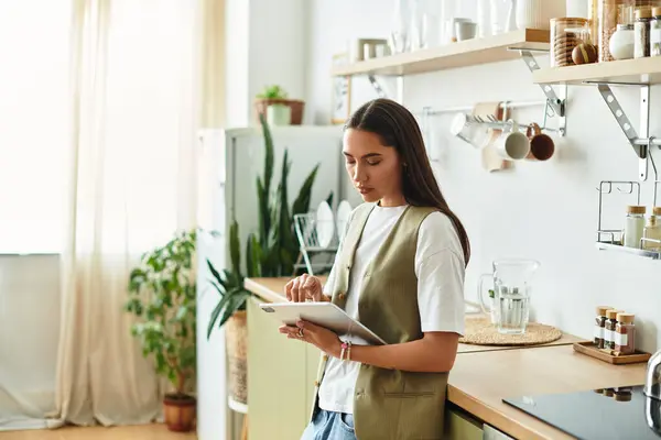 Woman relaxes in her cozy kitchen, using a tablet to connect or explore new interests. — Stock Photo