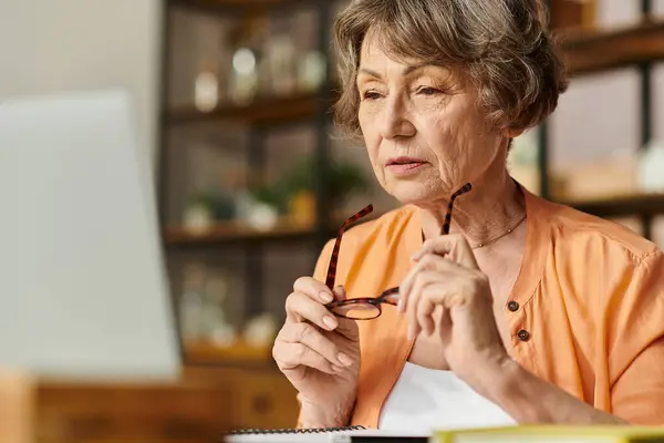 Cozy and serene atmosphere surrounds a senior woman quietly focusing on her laptop. — Stock Photo
