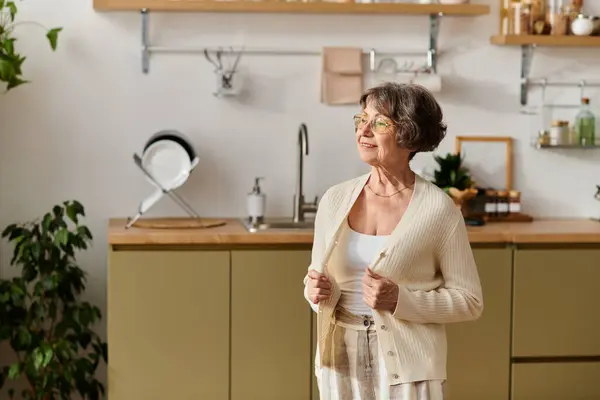 Reife Frau steht anmutig in ihrer gemütlichen Küche und strahlt Wärme und Behaglichkeit mit einem Lächeln aus. — Stockfoto