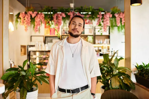 Young man with a beard standing amidst greenery and vibrant decor in a cafe. — Stock Photo