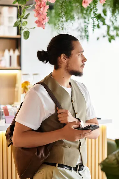 Young man stands in a lively cafe, holding on his phone — Stock Photo