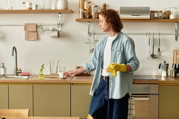 Un joven con el pelo rizado y guantes amarillos organiza alegremente su cocina limpia. - foto de stock