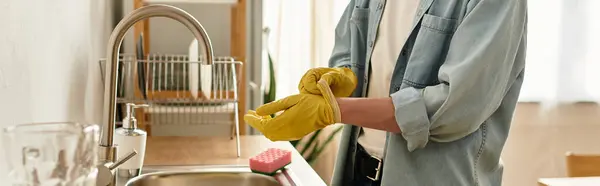 A young man prepares to clean his kitchen, showing focus and determination in a cozy environment. — Stock Photo