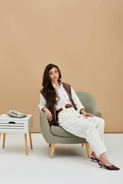 A young woman with long brown hair shows off her stylish outfit in a minimalist studio. — Stock Photo