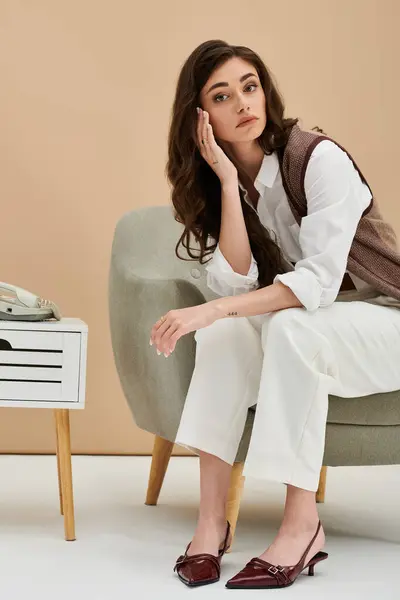 A young woman poses thoughtfully in a stylish studio with chic attire and elegant shoes. — Stock Photo