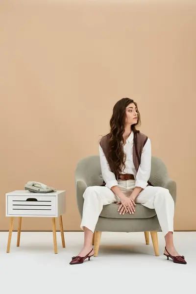 Glamorous young woman showcases modern fashion while seated elegantly in a chic studio setting. — Stock Photo