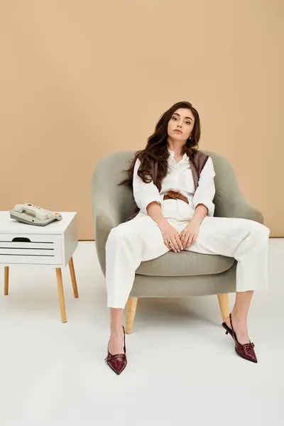 A young woman with long brown hair showcases her fashionable outfit in a chic studio setting. — Stock Photo