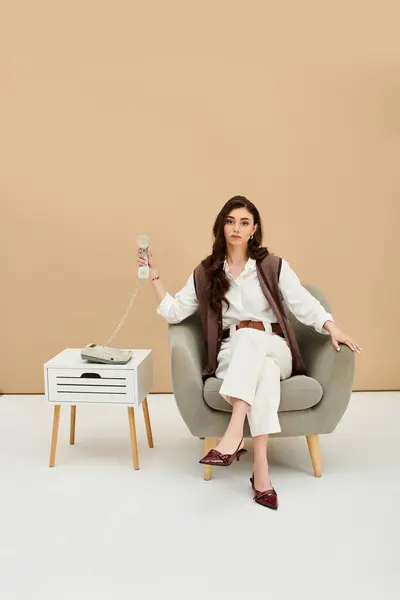 A young woman in stylish clothes sits gracefully with a vintage phone in a comfy chair. — Stock Photo