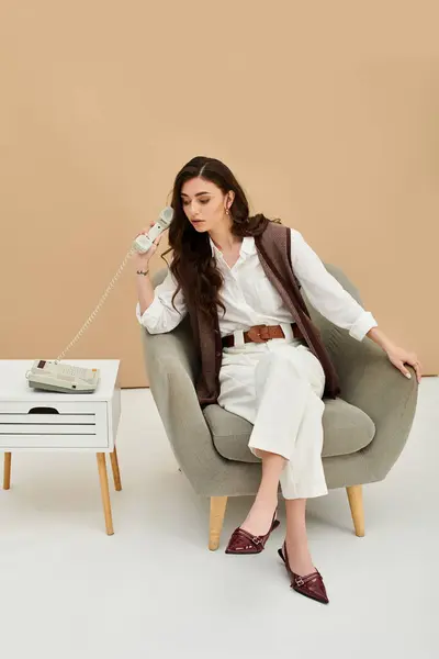 Young woman with long brown hair is elegantly dressed in stylish and modern outfit while sitting. — Stock Photo