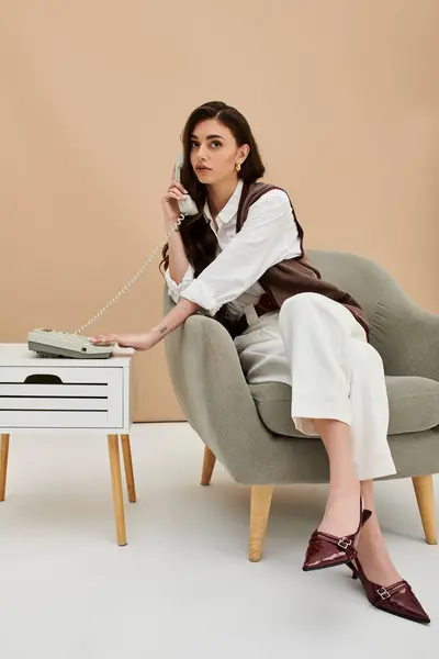 A stylish young woman elegantly holds a vintage phone while seated on a chair. — Stock Photo