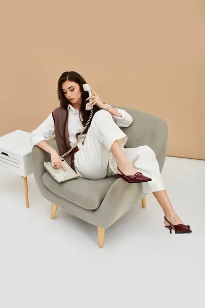 Beautiful young woman with long brown hair wears a chic outfit while talking on a phone. — Stock Photo
