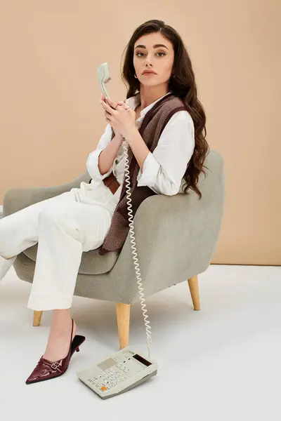 A beautiful young woman with long brown hair sits in a cozy studio, holding a phone thoughtfully. — Stock Photo