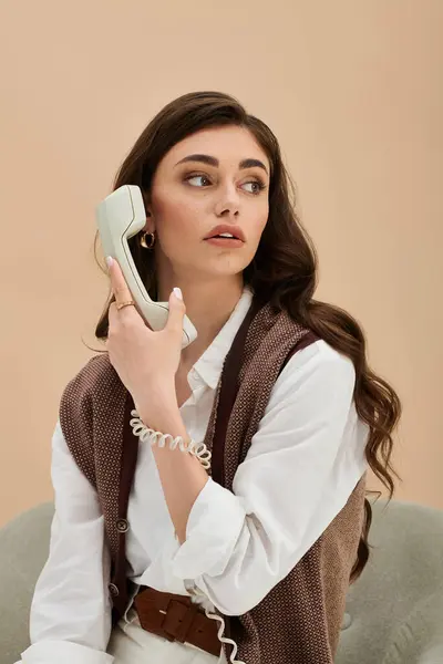 A young woman with long brown hair chats, wearing stylish modern clothing. — Stock Photo