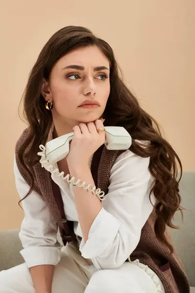 A young woman with long brown hair holds a phone, dressed in stylish clothes. — Stock Photo