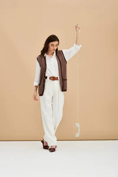 A young woman with long brown hair poses gracefully in a stylish outfit, holding a phone cord. — Stock Photo