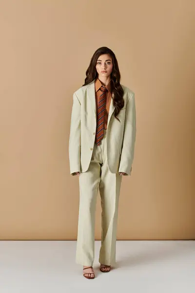 A beautiful young woman stands poised in a studio, wearing a fashionable suit and tie. — Stock Photo