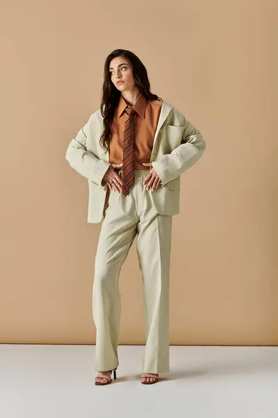 Young woman with long hair models a chic suit while standing confidently in a studio space. — Stock Photo