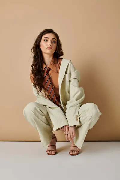 A beautiful young woman with long brown hair poses fashionably in a studio. — Stock Photo
