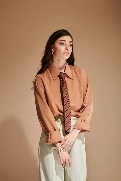 A beautiful young woman showcases her chic outfit in a trendy studio during a photoshoot. — Stock Photo