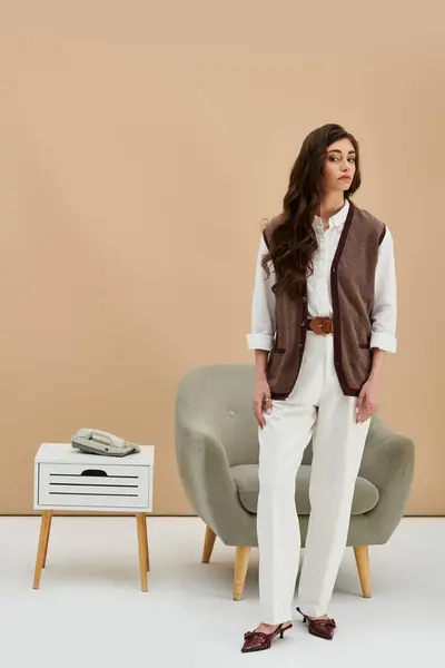 A stylish young woman in a sleeveless vest poses confidently in a modern studio. — Stock Photo