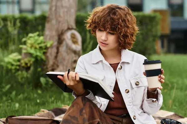 A young woman relaxes on a blanket in the park, enjoying a warm drink while reading. — Stock Photo