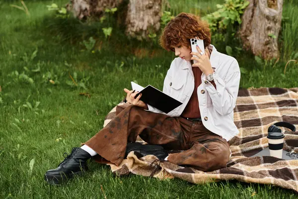 Young woman with curly hair sits on a blanket, reading and talking on her phone in the park. — Stock Photo