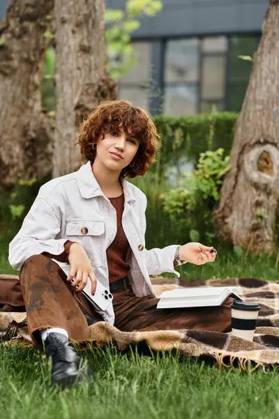 A young woman with curly hair sits on a blanket, relaxing and enjoying a sunny day in the park. — Stock Photo