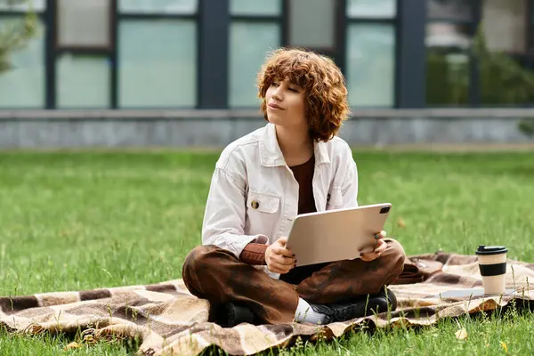 Curly-haired woman sits on a blanket, engaged in remote work amidst lush greenery on a bright day. — Stock Photo