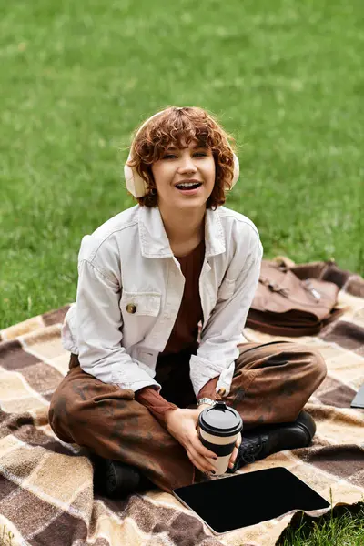 A cheerful young woman relaxes on a blanket in a lush green park, sipping her warm drink. — Stock Photo