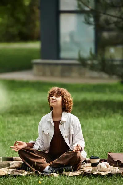 Curly-haired woman sits cross-legged on a blanket, soaking up summer sunshine in the park. — Stock Photo