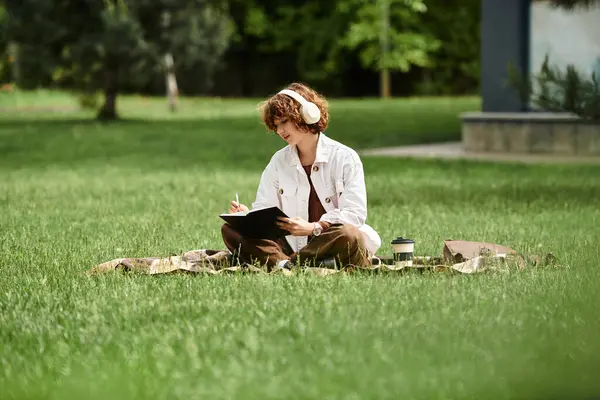 A young woman with curly hair sits comfortably on a blanket in a vibrant park, writing peacefully. — Stock Photo