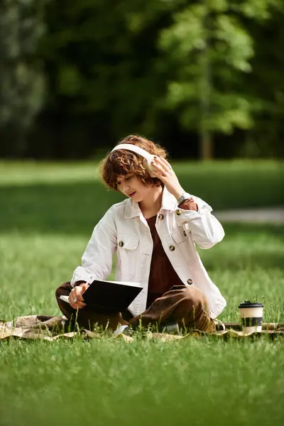 Curly-haired woman listens to music while sitting on a blanket in a summer park. — Stock Photo