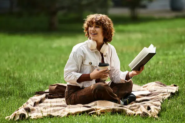 A young woman with curly hair relaxes on a blanket, reading and sipping coffee in the sun. — Stock Photo