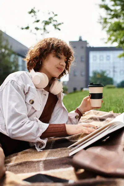 A young woman enjoys a peaceful afternoon in a green park while reading and sipping coffee. — Stock Photo