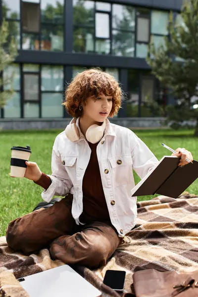 Young woman with curly hair sits on a blanket in a green park, enjoying her coffee and sketching. — Stock Photo