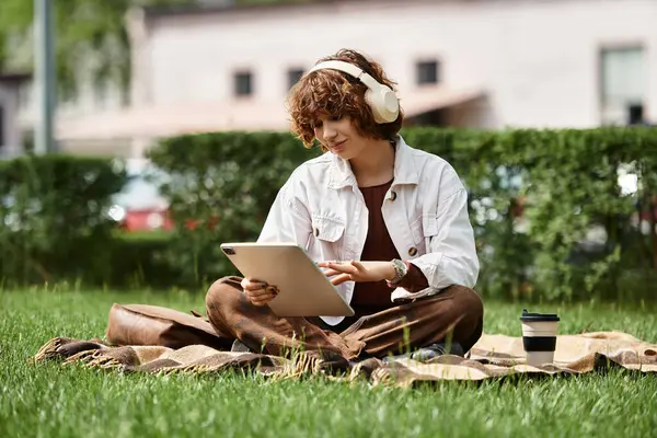 A young woman with curly hair sits on a blanket, engaging with her device in a lush green park. — Stock Photo