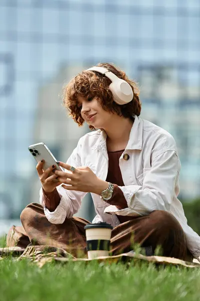 Curly-haired woman relaxes on a blanket, listening to music in a sunny park setting. — Stock Photo
