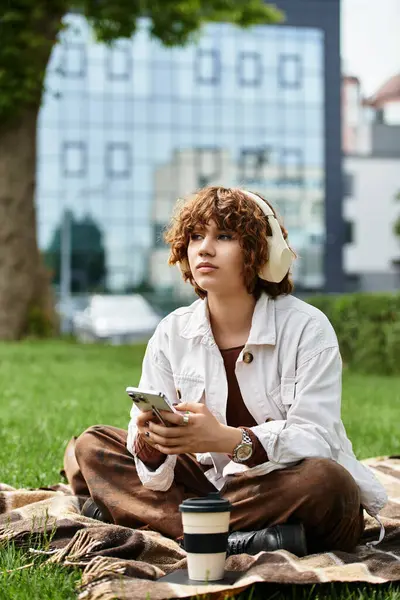 A young woman with curly hair relaxes on a blanket while enjoying a warm drink in the park. — Stock Photo