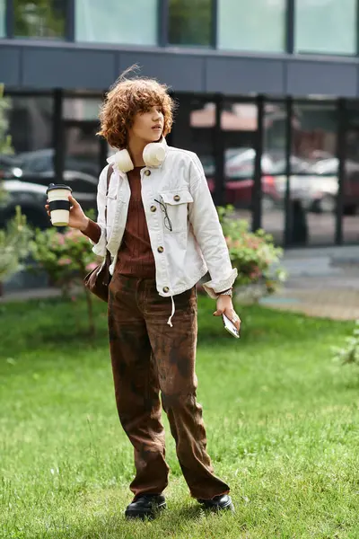 A young woman with curly hair stands on the grass, sipping coffee and relaxing near her office. — Stock Photo